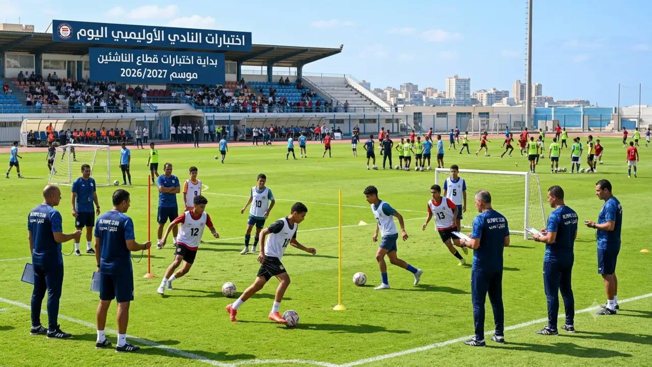 انطلاق اختبارات النادي الأوليمبي اليوم لقطاع الناشئين والبراعم على الملاعب الخضراءAn ultra-realistic 4K professional sports photograph capturing the enthusiastic atmosphere of youth football trials at the historic Olympic Club in Alexandria, Egypt. Dozens of talented young Egyptian football players aged between 10 and 18 are seen on a vibrant green football pitch during sunny daylight. Coaches in athletic gear are observing the drills with clipboards. In the background, the distinctive club stands and coastal Alexandrian atmosphere are subtly visible. The image is crisp, rich in movement, dramatic shallow depth of field, optimized for Google Discover showcase layout, 16:9 aspect ratio.