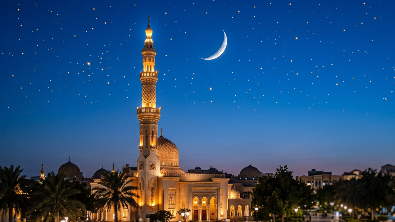 هلال شهر رمضان المبارك يضيء السماء فوق مسجد تاريخي في ليلة التحري 2027