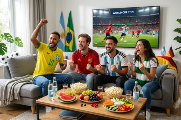 مشجعون يشاهدون مباراة في كأس العالم 2026 مع أطعمة صحية وخضروات وفواكه على الطاولة