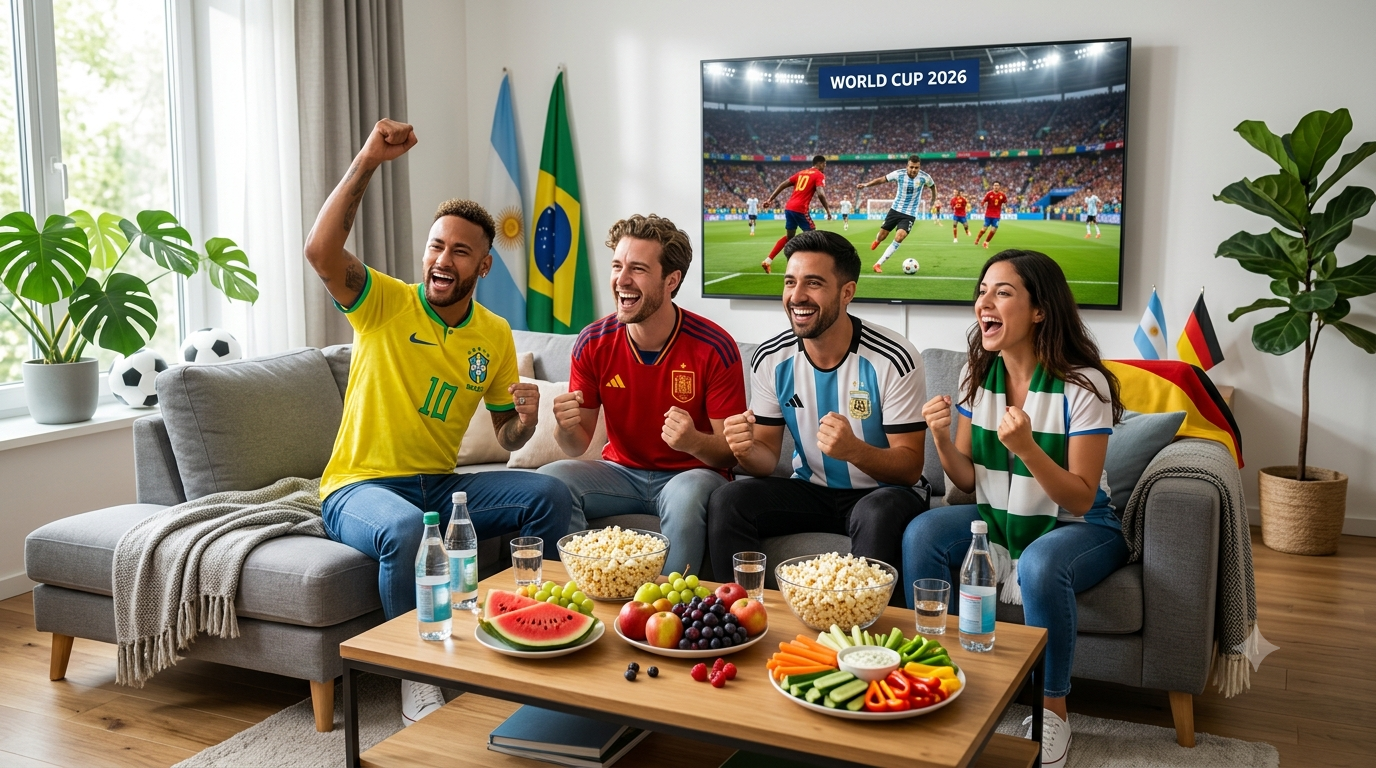 مشجعون يشاهدون مباراة في كأس العالم 2026 مع أطعمة صحية وخضروات وفواكه على الطاولة