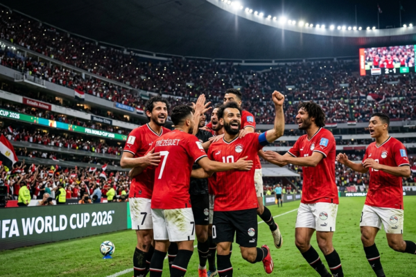 لاعبو منتخب مصر يحتفلون خلال مشاركتهم في كأس العالم 2026 بعد التعادل مع بلجيكا