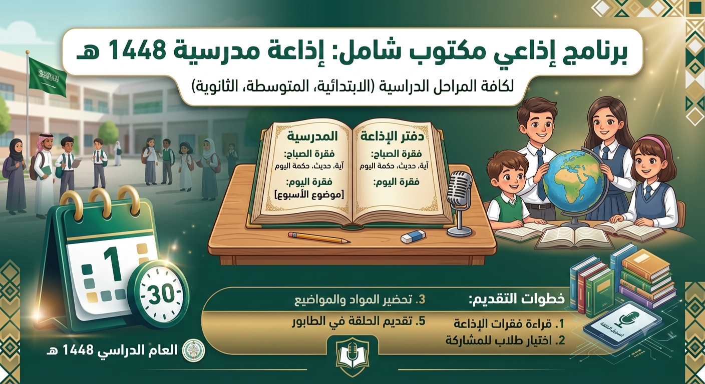 طلاب يقدمون إذاعة مدرسية صباحية داخل المدرسة في بداية اليوم الدراسي