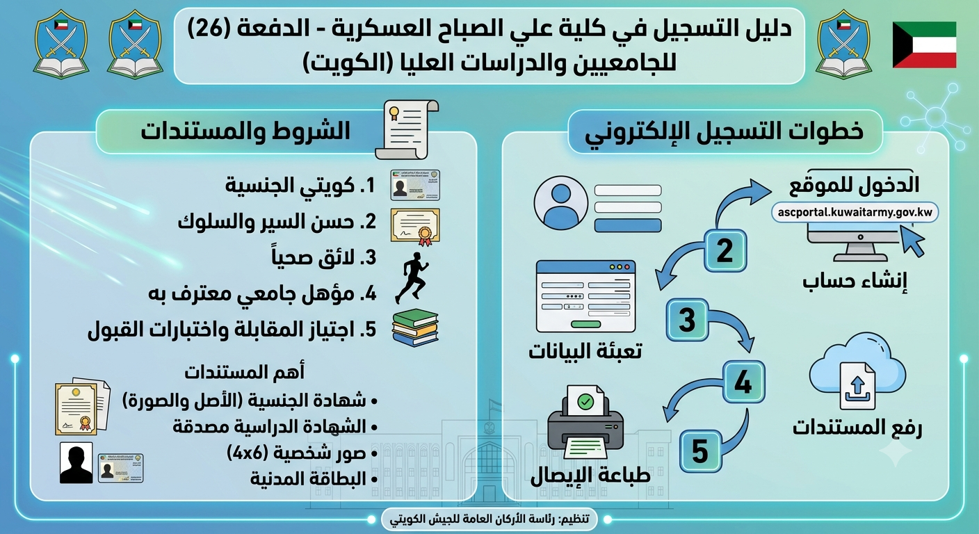إعلان فتح باب التسجيل بكلية علي الصباح العسكرية للدفعة 26 لحملة الشهادات الجامعية والدراسات العليا في الكويت