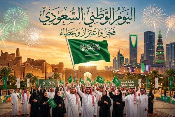 احتفالات اليوم الوطني السعودي مع الأعلام الخضراء والألعاب النارية في مختلف مناطق المملكة