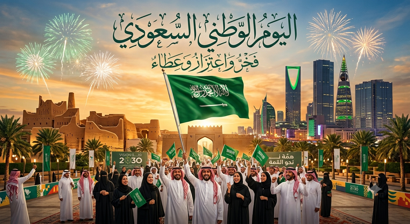 احتفالات اليوم الوطني السعودي مع الأعلام الخضراء والألعاب النارية في مختلف مناطق المملكة