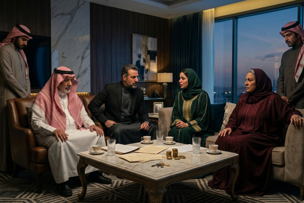 مشهد درامي عائلي يعبر عن أحداث مسلسل أحمر ولا أبيض وصراع أفراد الأسرة حول المال والميراث