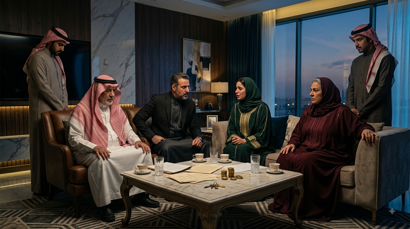 مشهد درامي عائلي يعبر عن أحداث مسلسل أحمر ولا أبيض وصراع أفراد الأسرة حول المال والميراث