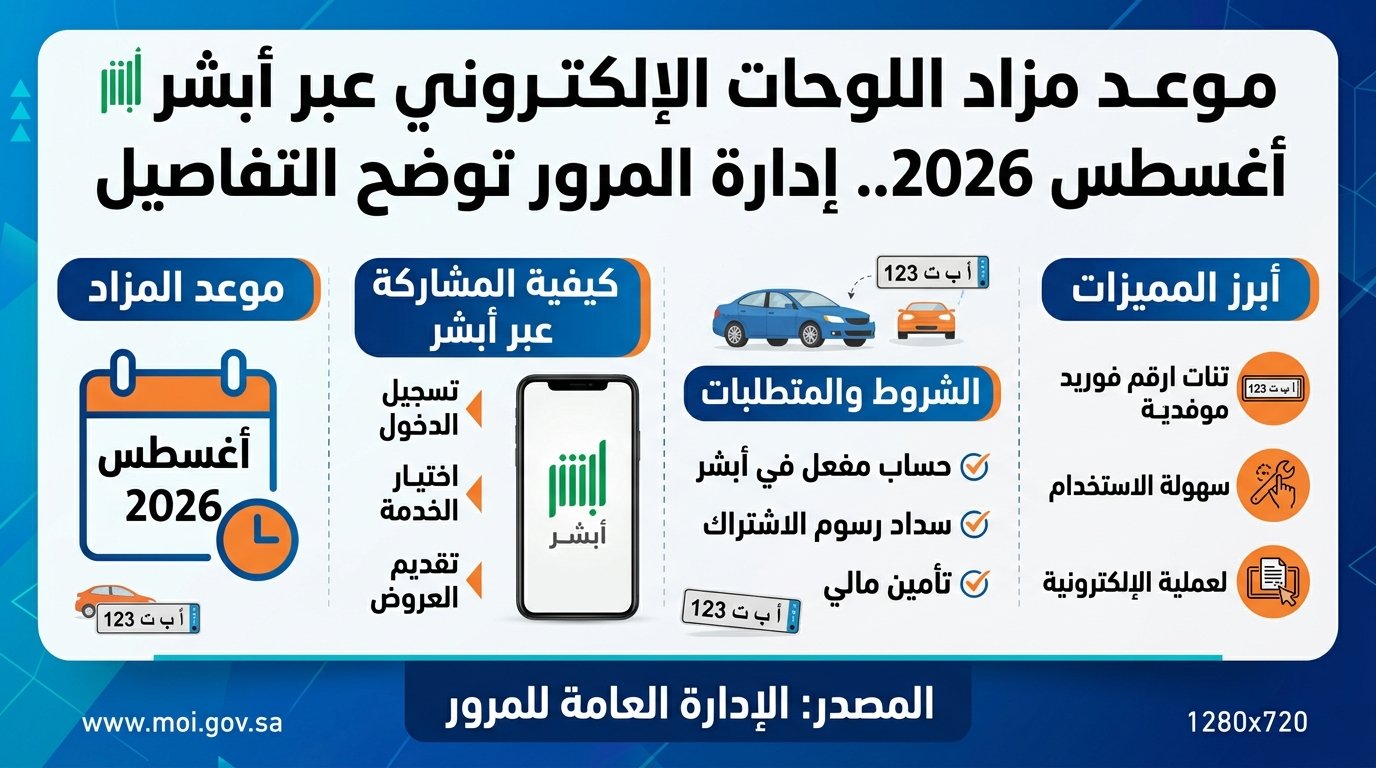 متى يبدأ وينتهى مزاد اللوحات الإلكتروني عبر أبشر أغسطس 2026؟