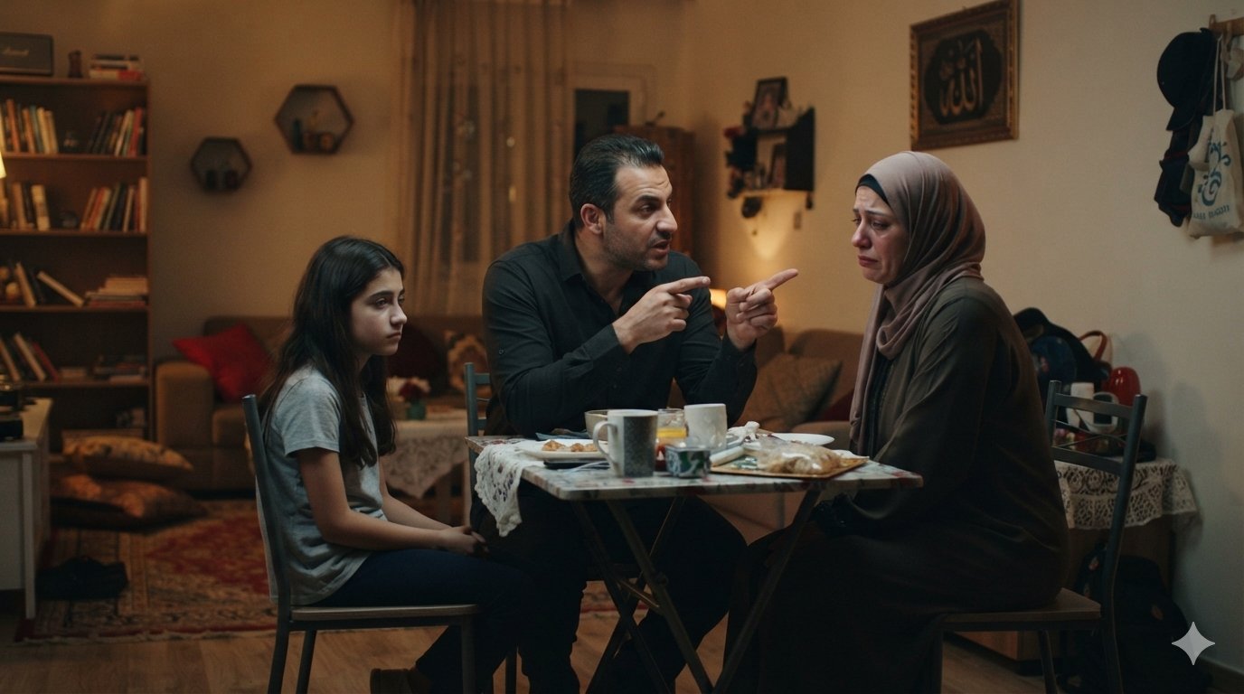 مشهد واقعي سينمائي لزوجين يجلسان في مساحة منزلية واحدة لكن يفصل بينهما توتر وصمت واضح، مع إضاءة هادئة وتكوين يعكس المسافة العاطفية بينهما، دون مبالغة أو عناصر رمزية غير واقعية