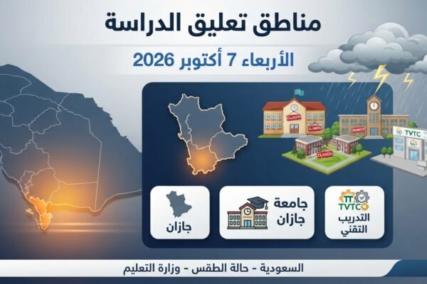 تعليق الدراسة غدًا الأربعاء 7 أكتوبر 2026.. جازان والجامعة والتدريب التقني