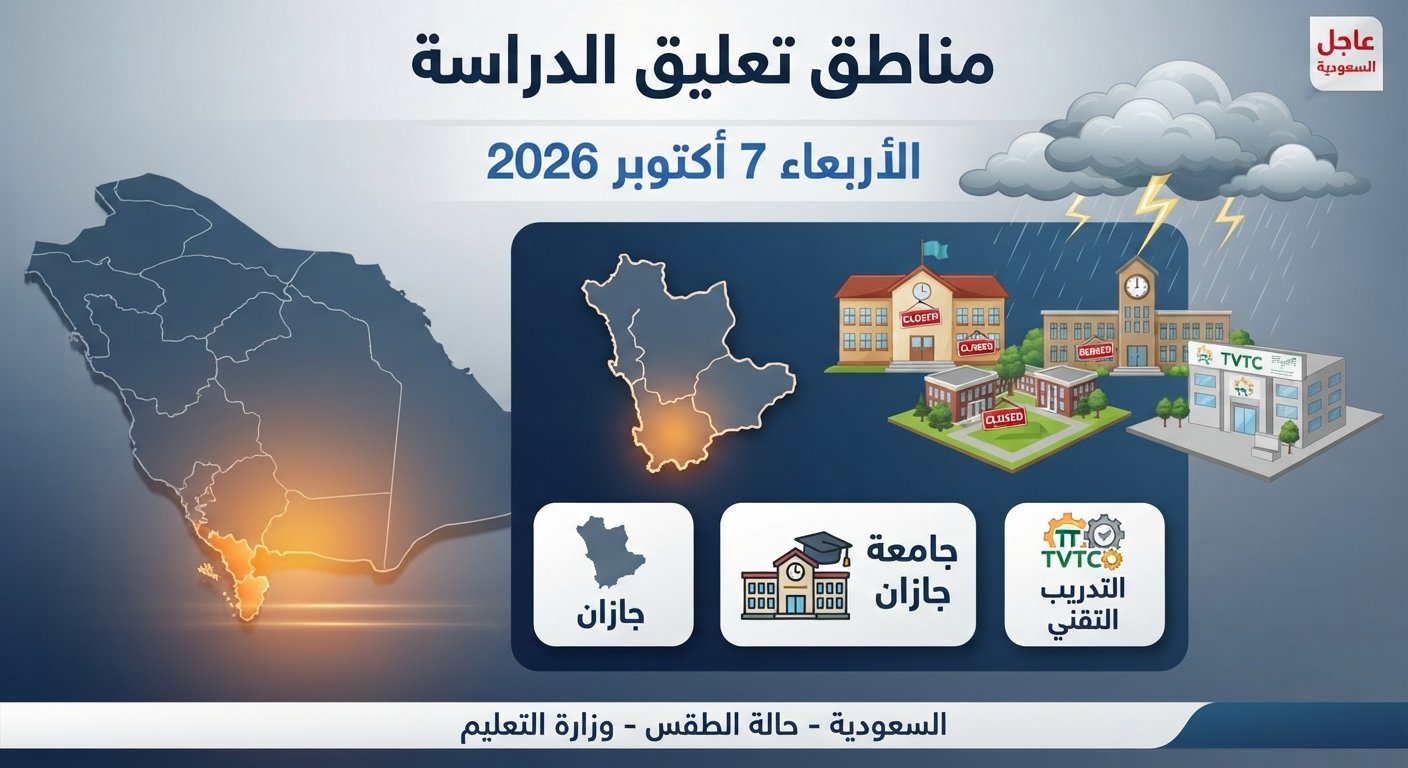 تعليق الدراسة غدًا الأربعاء 7 أكتوبر 2026.. جازان والجامعة والتدريب التقني